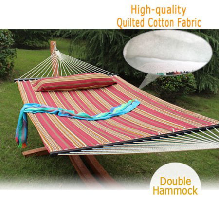 Quilted Fabric Double Hammock Heavy Duty With Pillow Spreader Bar 2 Person Swing
